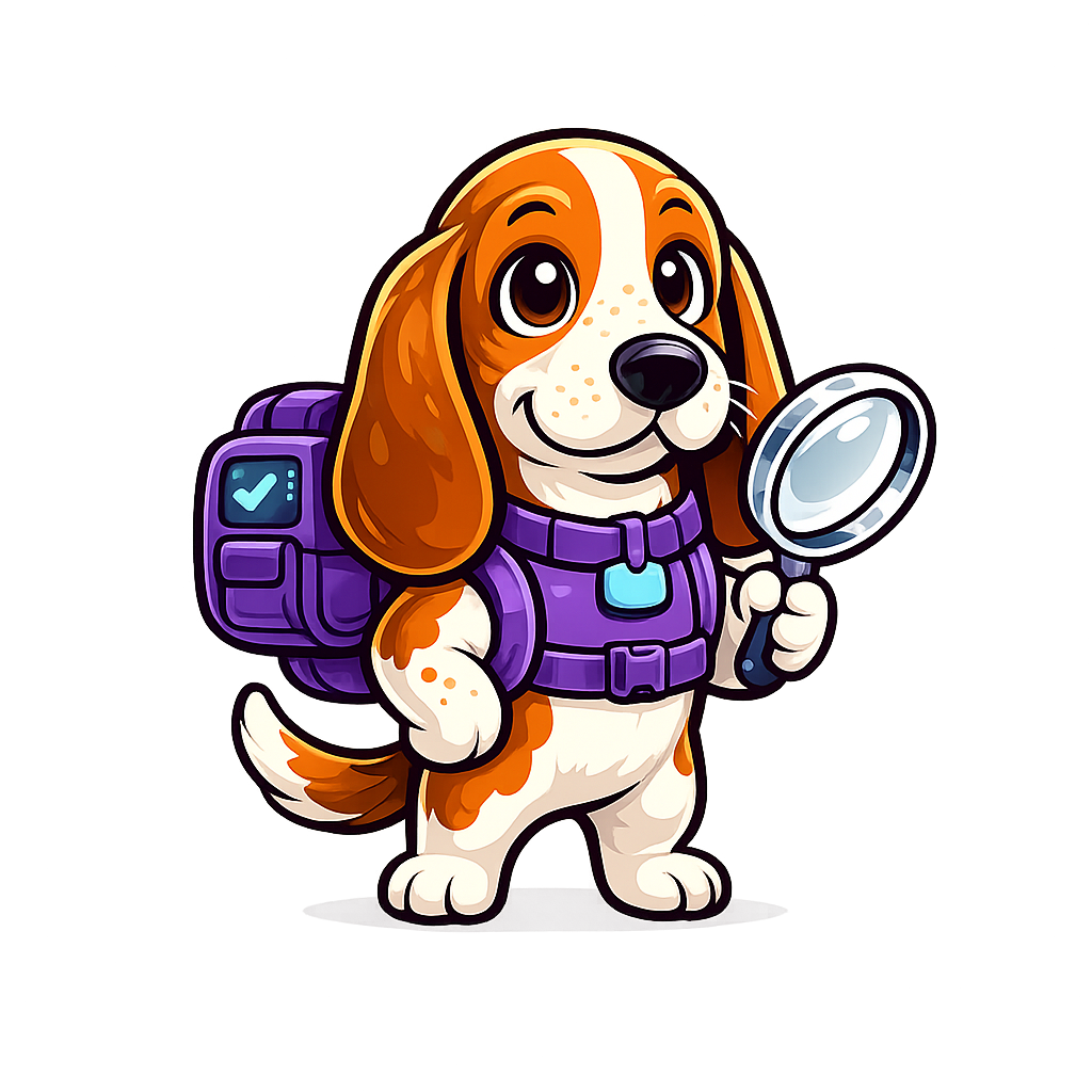 Scout, the ShelfHound mascot, carrying a monitoring pack and magnifying glass